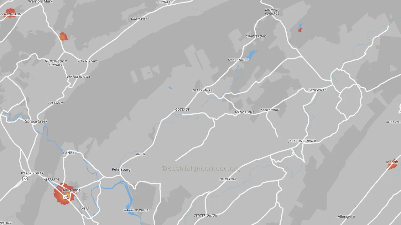 Walk Grade map of Petersburg, PA, walkable areas in green and car-dependent areas in red