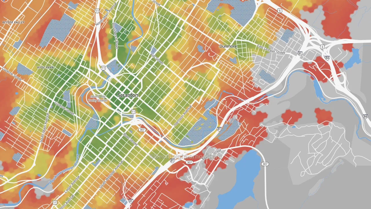Walk Grade map of Petersburg, Scranton, PA, walkable areas in green and car-dependent areas in red