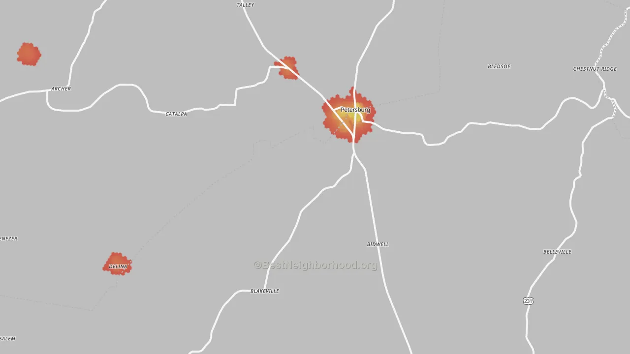 Walk Grade map of Petersburg, TN, walkable areas in green and car-dependent areas in red