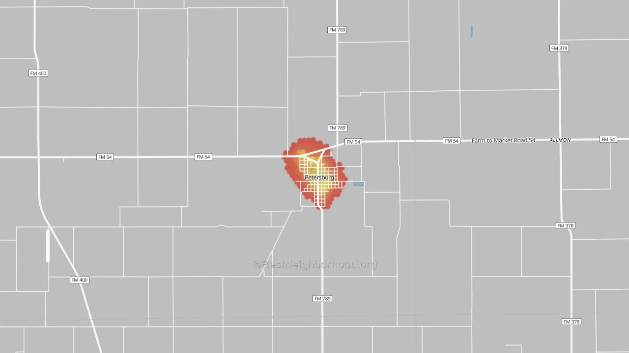 Walk Grade map of Petersburg, TX, walkable areas in green and car-dependent areas in red