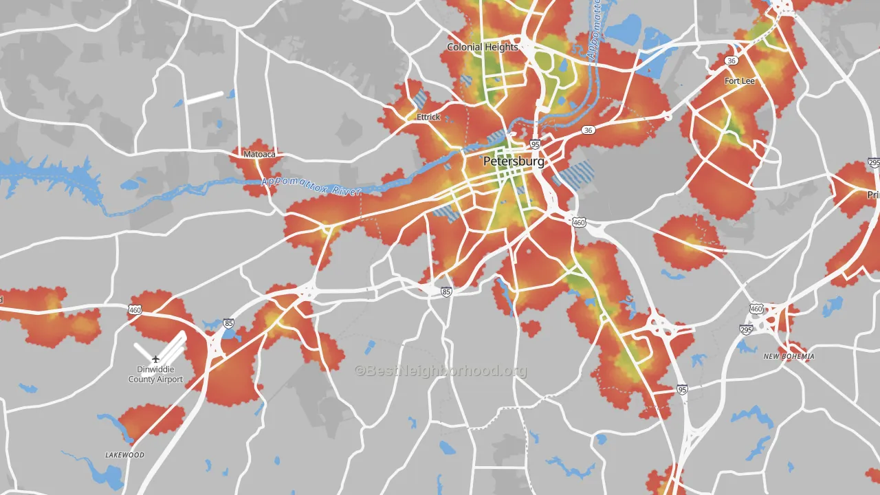 Walk Grade map of Petersburg, VA, walkable areas in green and car-dependent areas in red