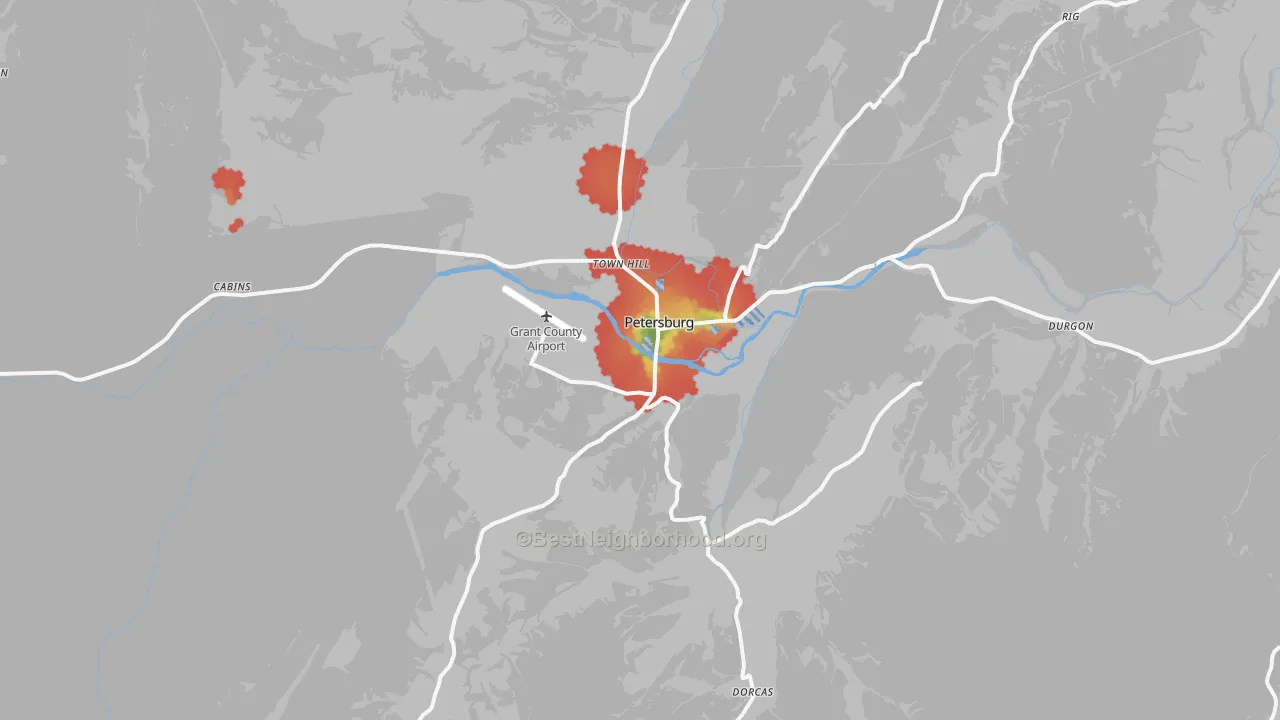 Walk Grade map of Petersburg, WV, walkable areas in green and car-dependent areas in red