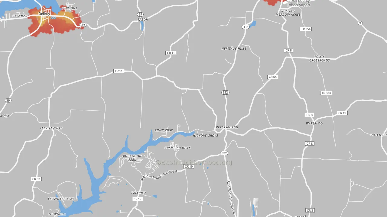 Walk Grade map of Petersburgh, OH, walkable areas in green and car-dependent areas in red