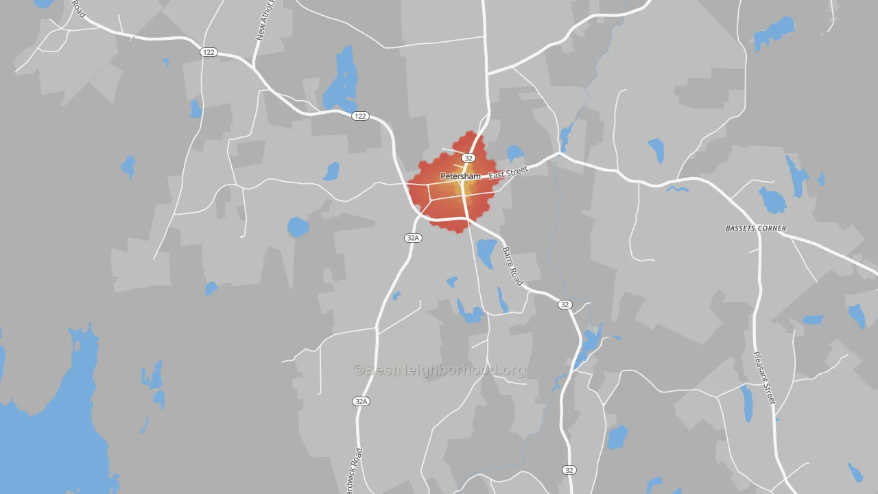 Walk Grade map of Petersham, MA, walkable areas in green and car-dependent areas in red
