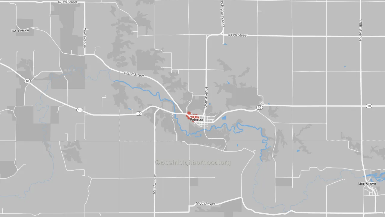 Walk Grade map of Peterson, IA, walkable areas in green and car-dependent areas in red