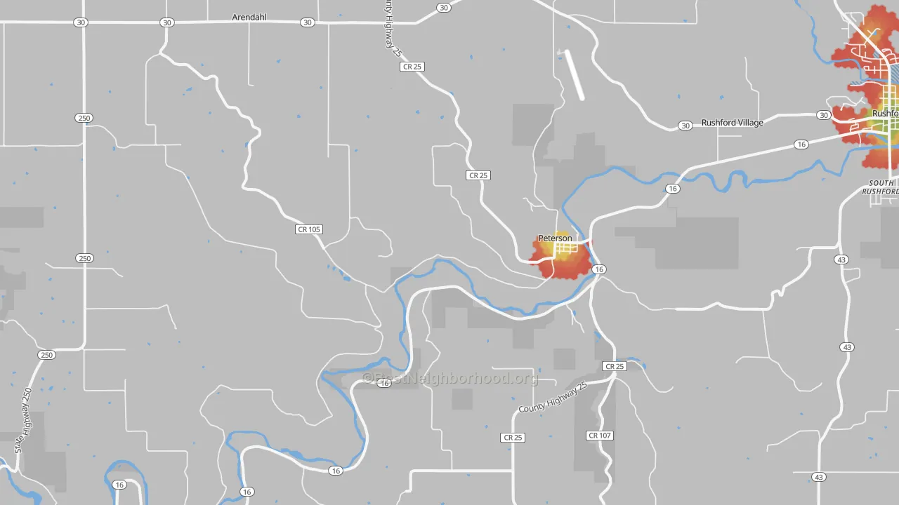 Walk Grade map of Peterson, MN, walkable areas in green and car-dependent areas in red