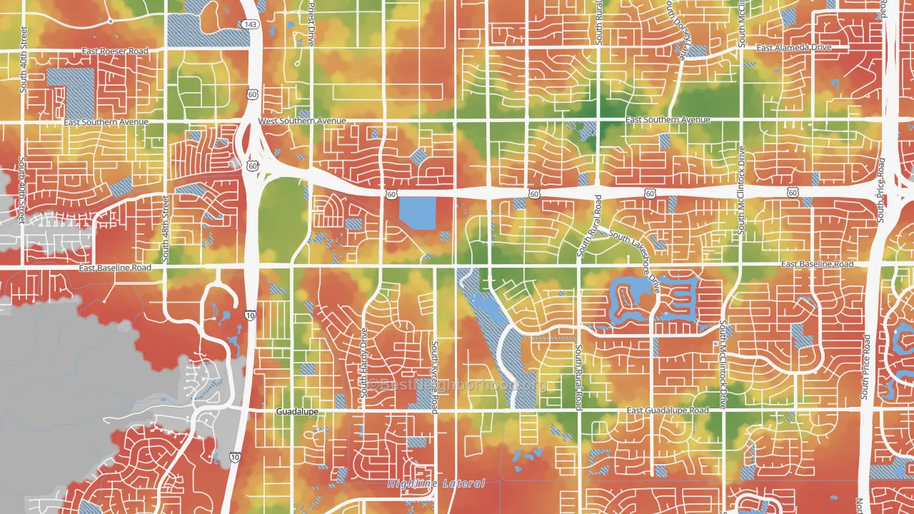 Walk Grade map of Peterson, Tempe, AZ, walkable areas in green and car-dependent areas in red