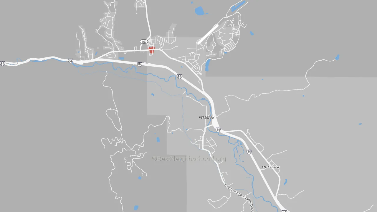 Walk Grade map of Peterson, UT, walkable areas in green and car-dependent areas in red