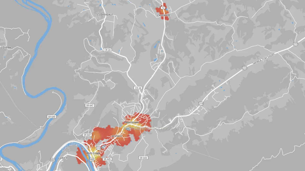 Walk Grade map of Peterstown, WV, walkable areas in green and car-dependent areas in red