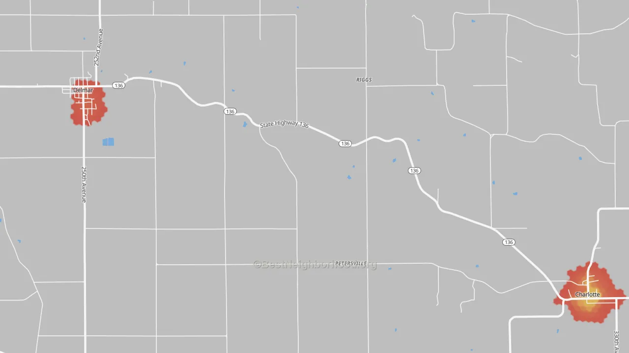 Walk Grade map of Petersville, IA, walkable areas in green and car-dependent areas in red