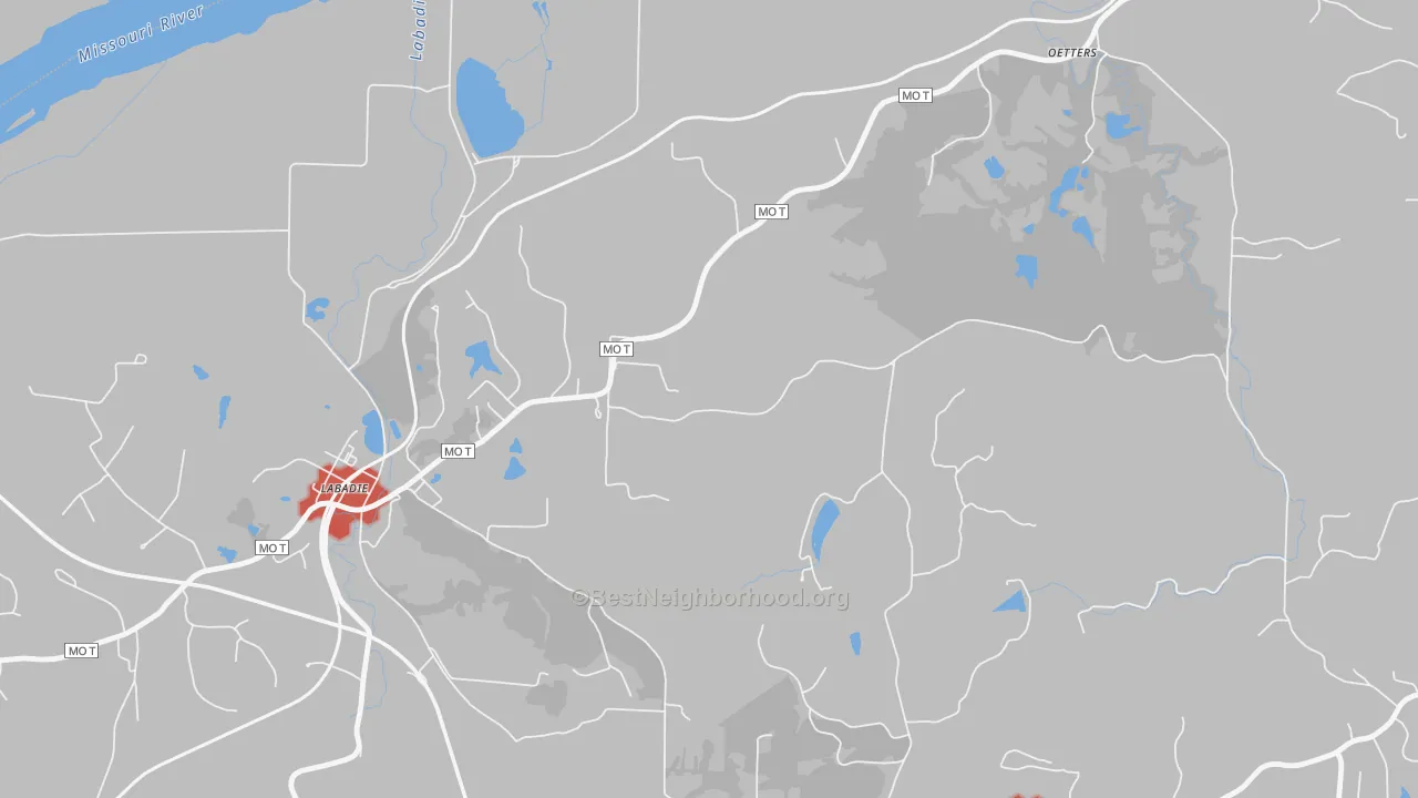 Walk Grade map of Petersville, MO, walkable areas in green and car-dependent areas in red