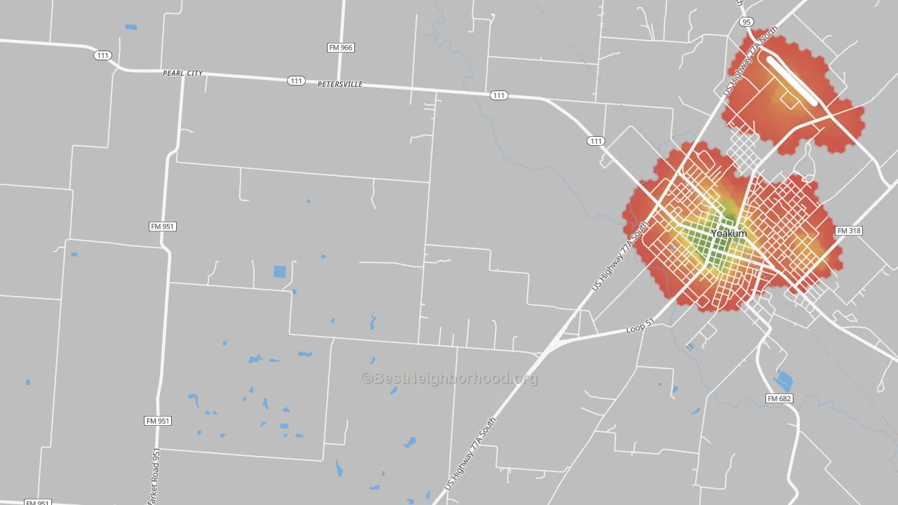 Walk Grade map of Petersville, TX, walkable areas in green and car-dependent areas in red