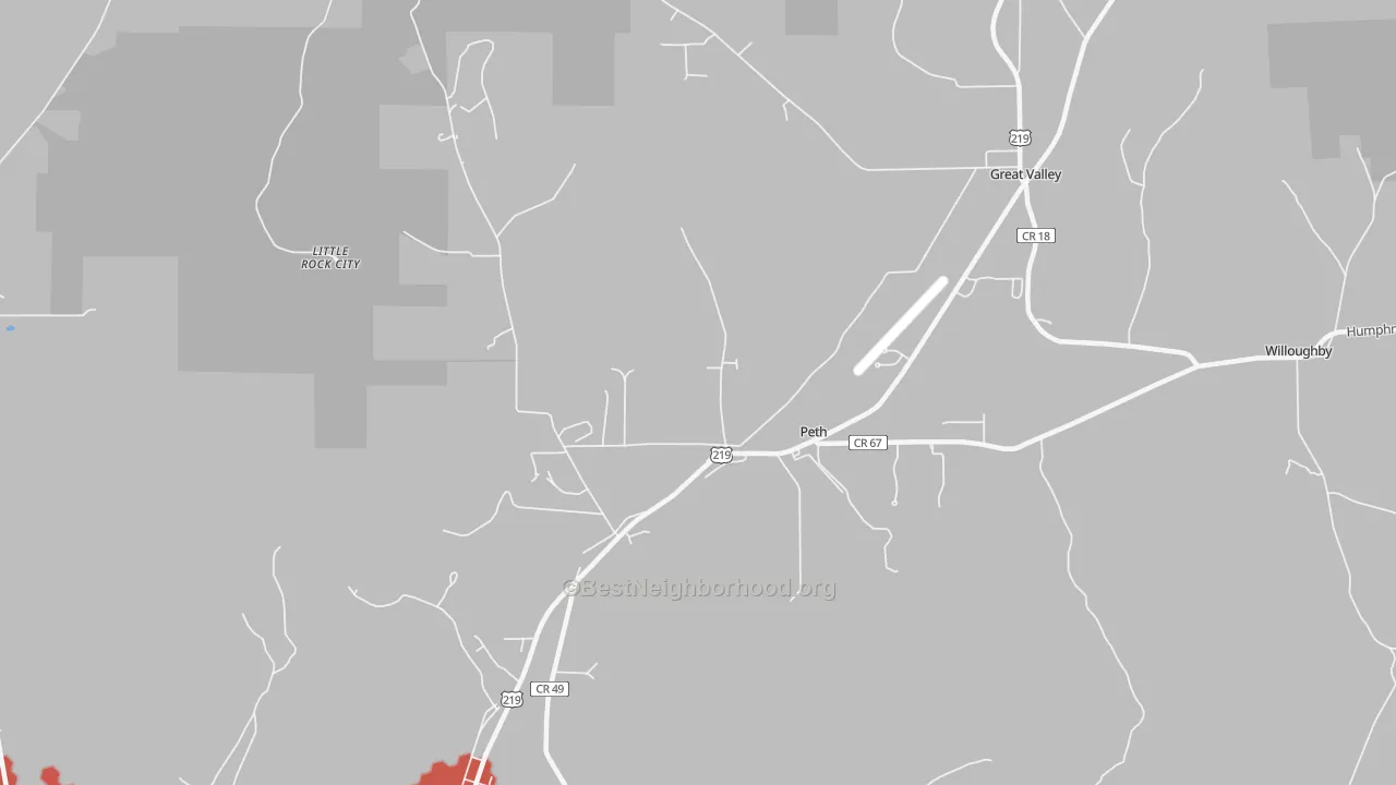 Walk Grade map of Peth, NY, walkable areas in green and car-dependent areas in red