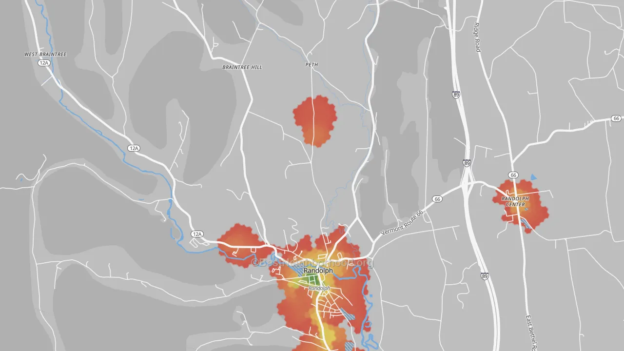 Walk Grade map of Peth, VT, walkable areas in green and car-dependent areas in red
