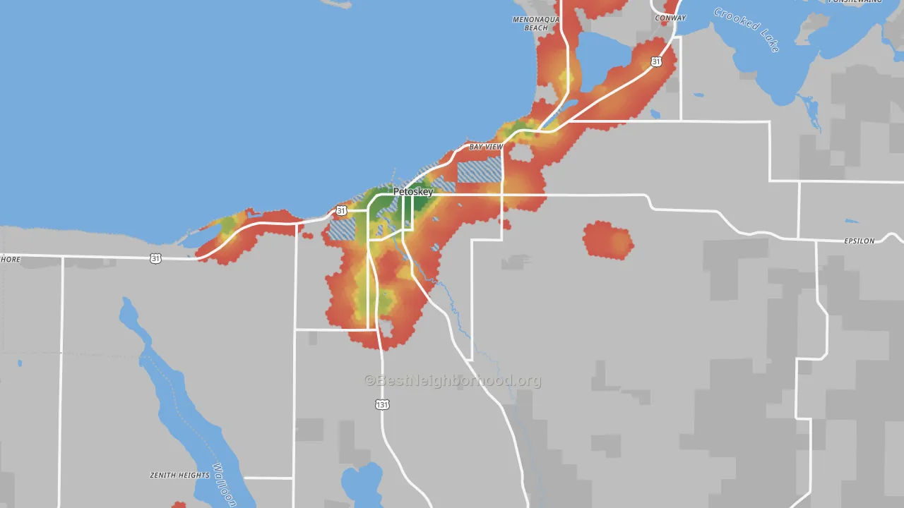 Walk Grade map of Petoskey, MI, walkable areas in green and car-dependent areas in red