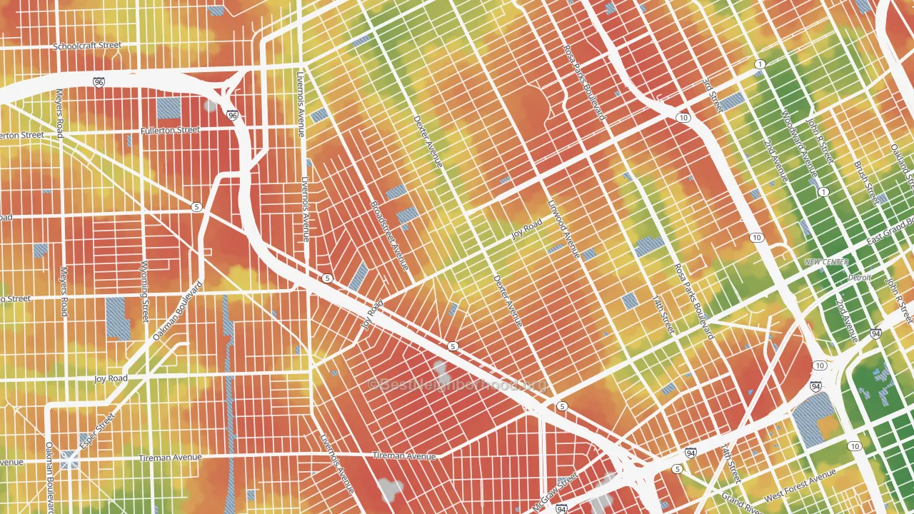 Walk Grade map of Petosky-Otsego, Detroit, MI, walkable areas in green and car-dependent areas in red