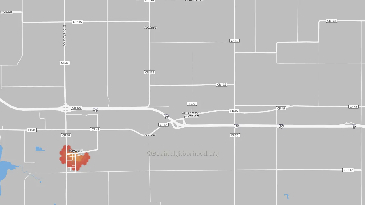 Walk Grade map of Petran, MN, walkable areas in green and car-dependent areas in red
