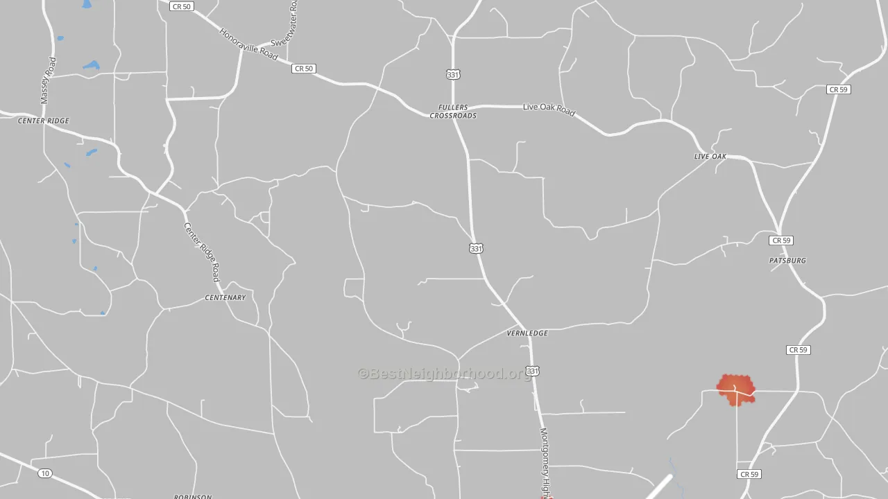 Walk Grade map of Petrey, AL, walkable areas in green and car-dependent areas in red