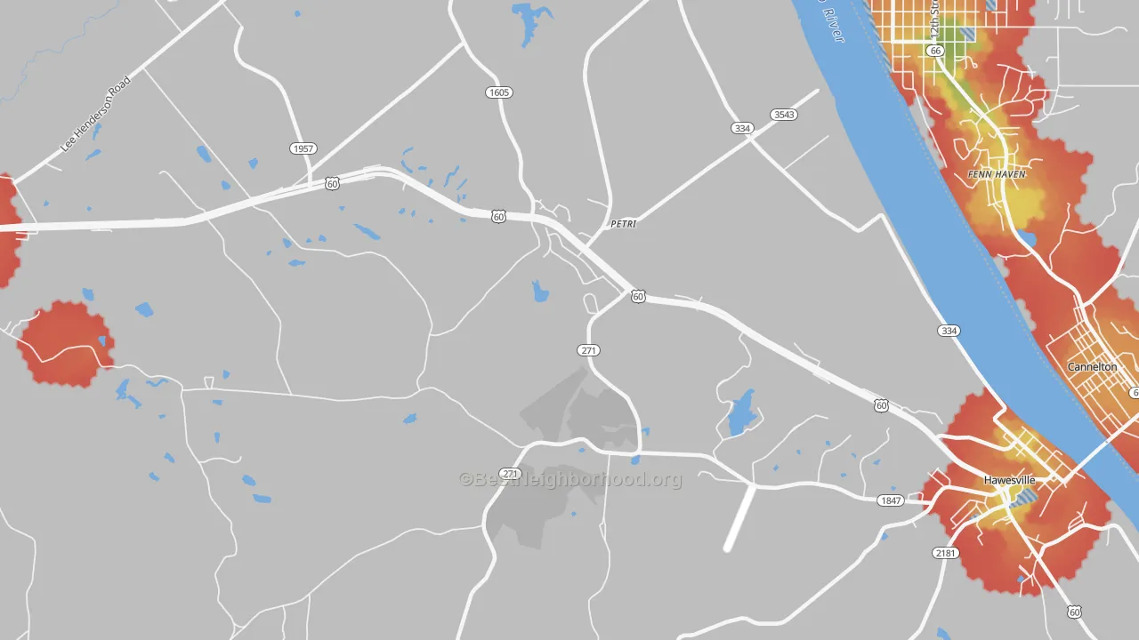 Walk Grade map of Petri, KY, walkable areas in green and car-dependent areas in red