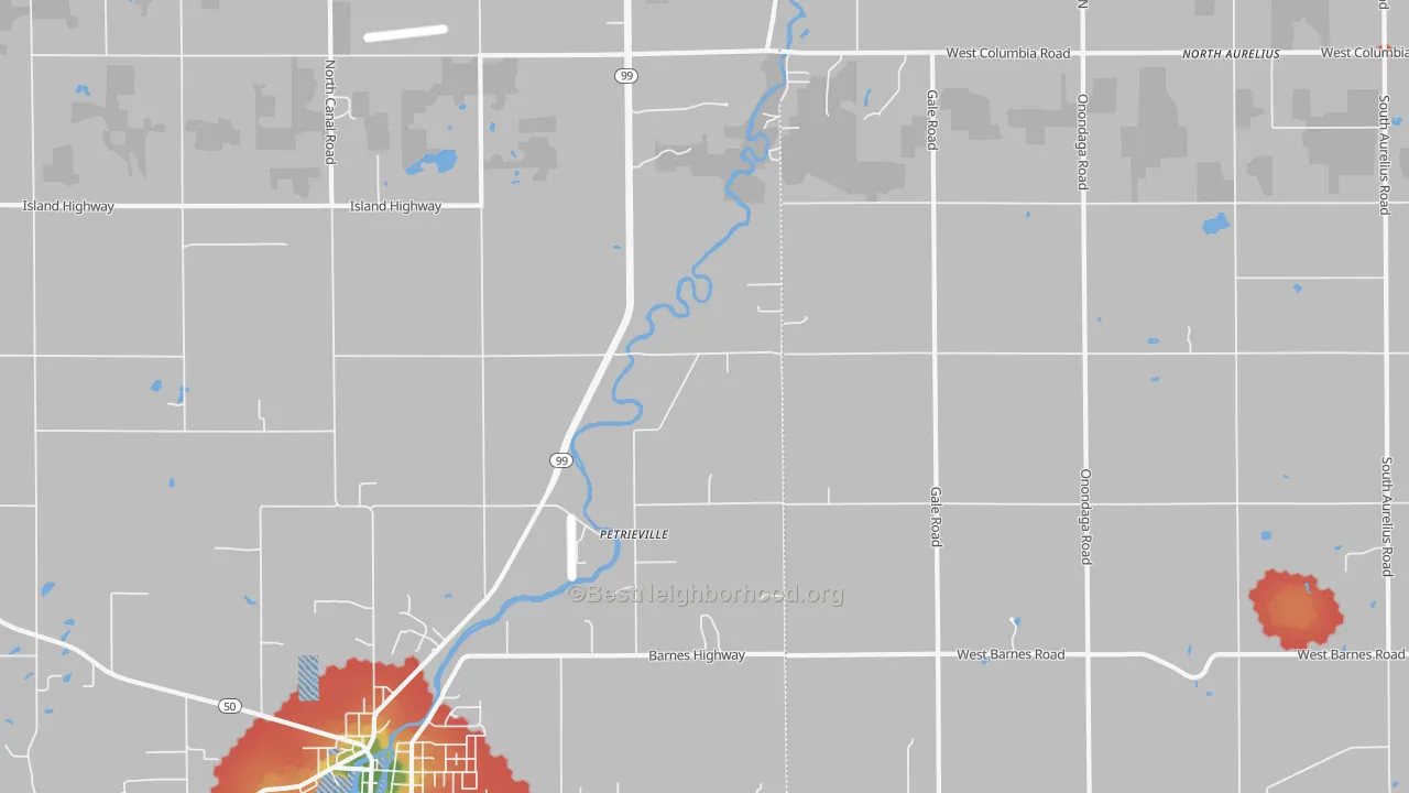 Walk Grade map of Petrieville, MI, walkable areas in green and car-dependent areas in red