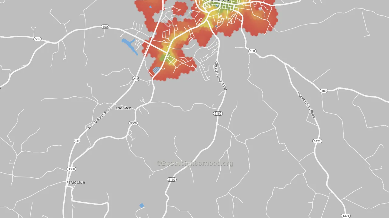 Walk Grade map of Petroleum, KY, walkable areas in green and car-dependent areas in red