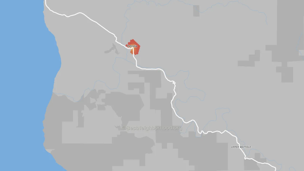 Walk Grade map of Petrolia, CA, walkable areas in green and car-dependent areas in red