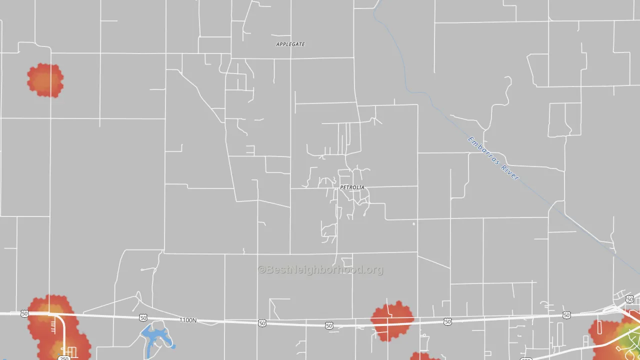 Walk Grade map of Petrolia, IL, walkable areas in green and car-dependent areas in red
