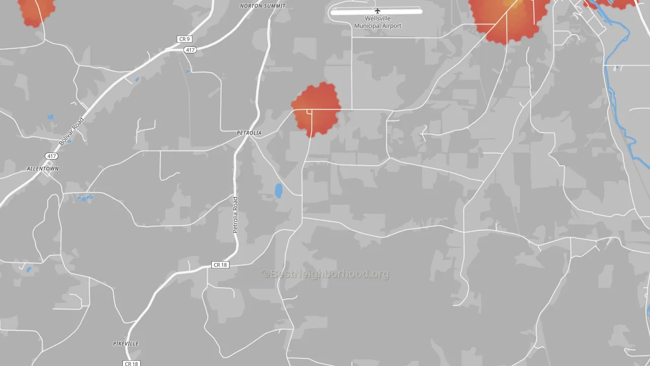 Walk Grade map of Petrolia, NY, walkable areas in green and car-dependent areas in red