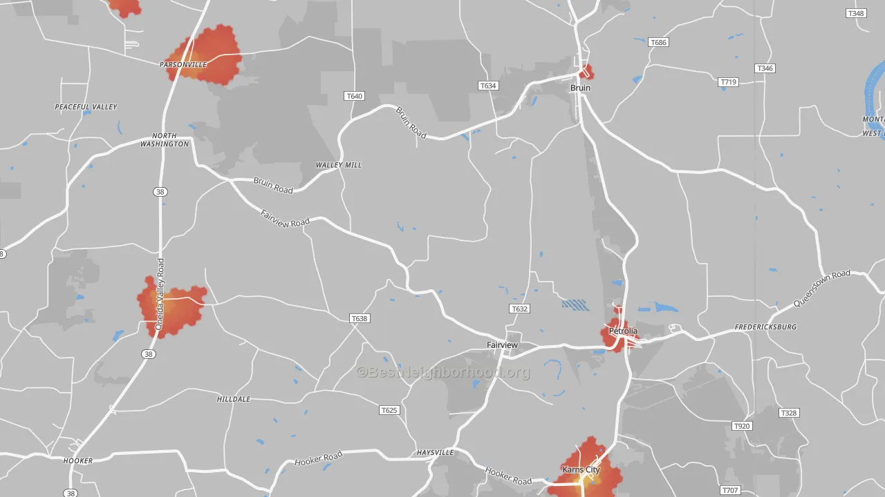 Walk Grade map of Petrolia, PA, walkable areas in green and car-dependent areas in red