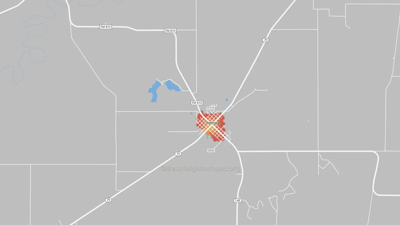Walk Grade map of Petrolia, TX, walkable areas in green and car-dependent areas in red
