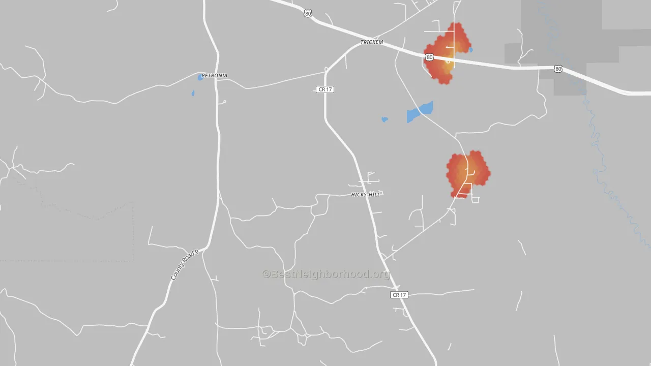 Walk Grade map of Petronia, AL, walkable areas in green and car-dependent areas in red