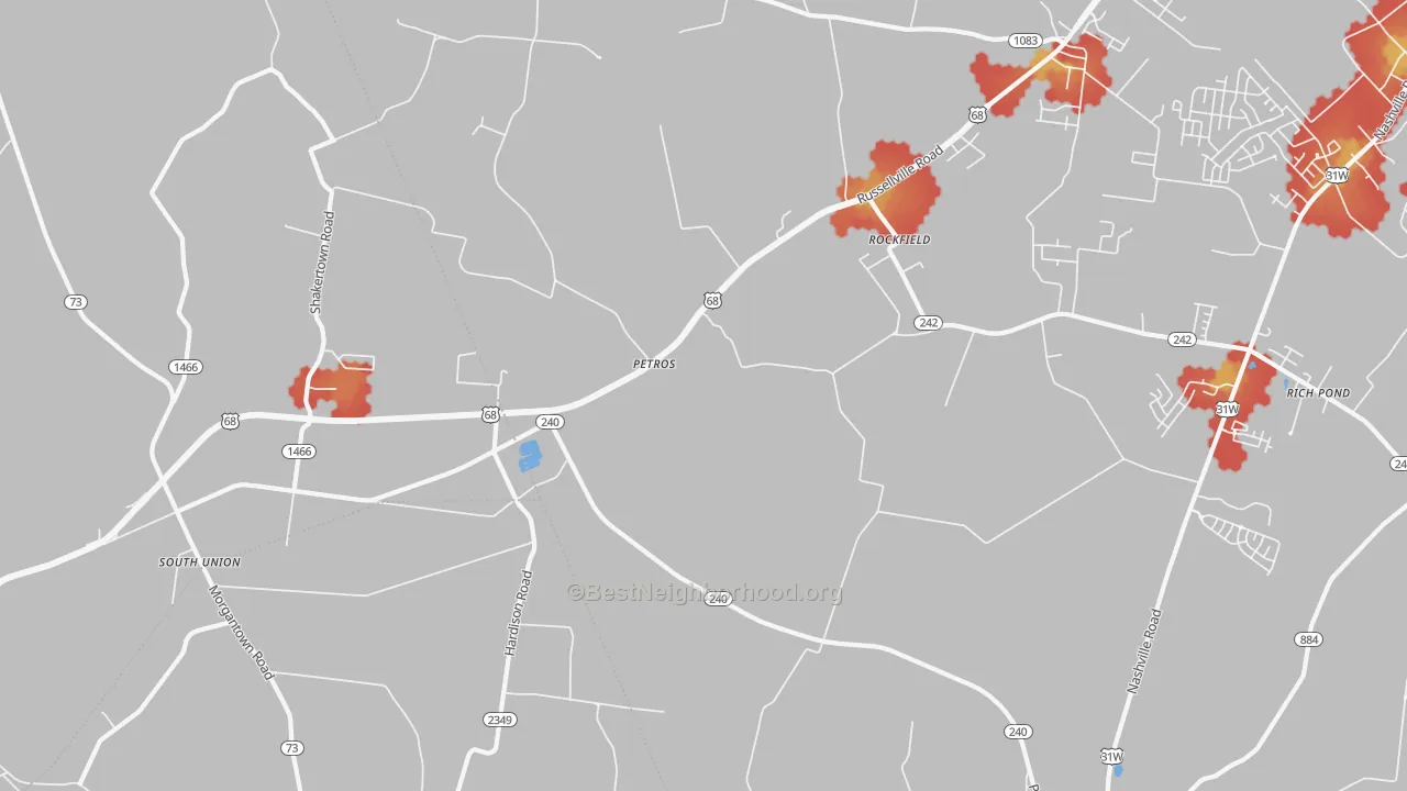 Walk Grade map of Petros, KY, walkable areas in green and car-dependent areas in red