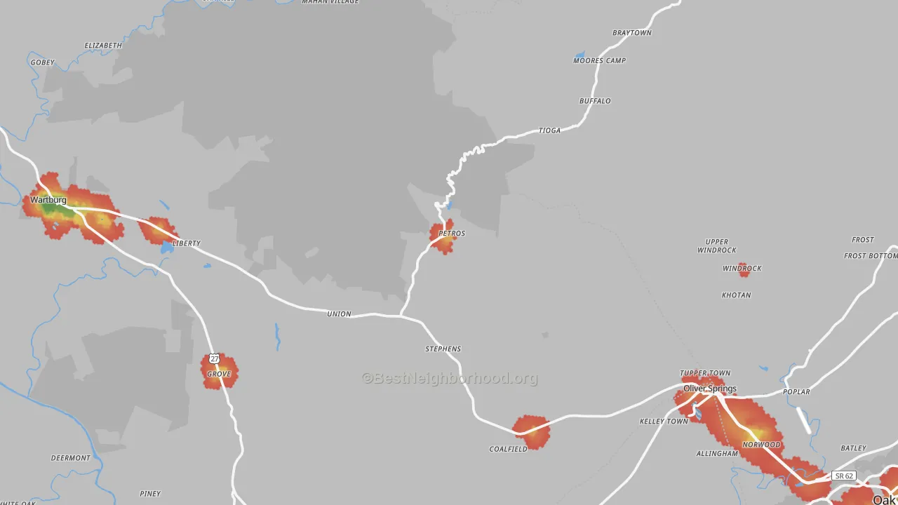 Walk Grade map of Petros, TN, walkable areas in green and car-dependent areas in red
