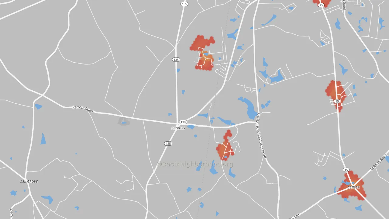 Walk Grade map of Petross, GA, walkable areas in green and car-dependent areas in red