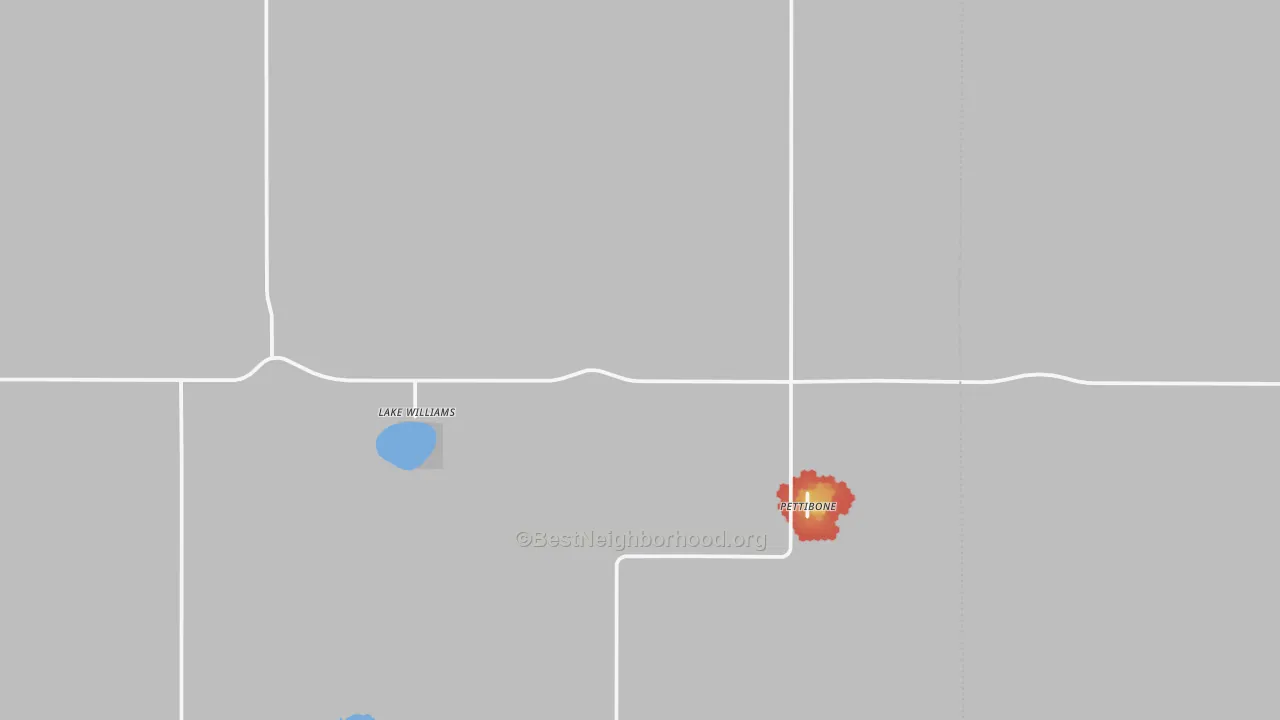 Walk Grade map of Pettibone, ND, walkable areas in green and car-dependent areas in red
