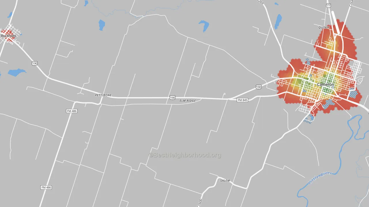 Walk Grade map of Pettibone, TX, walkable areas in green and car-dependent areas in red