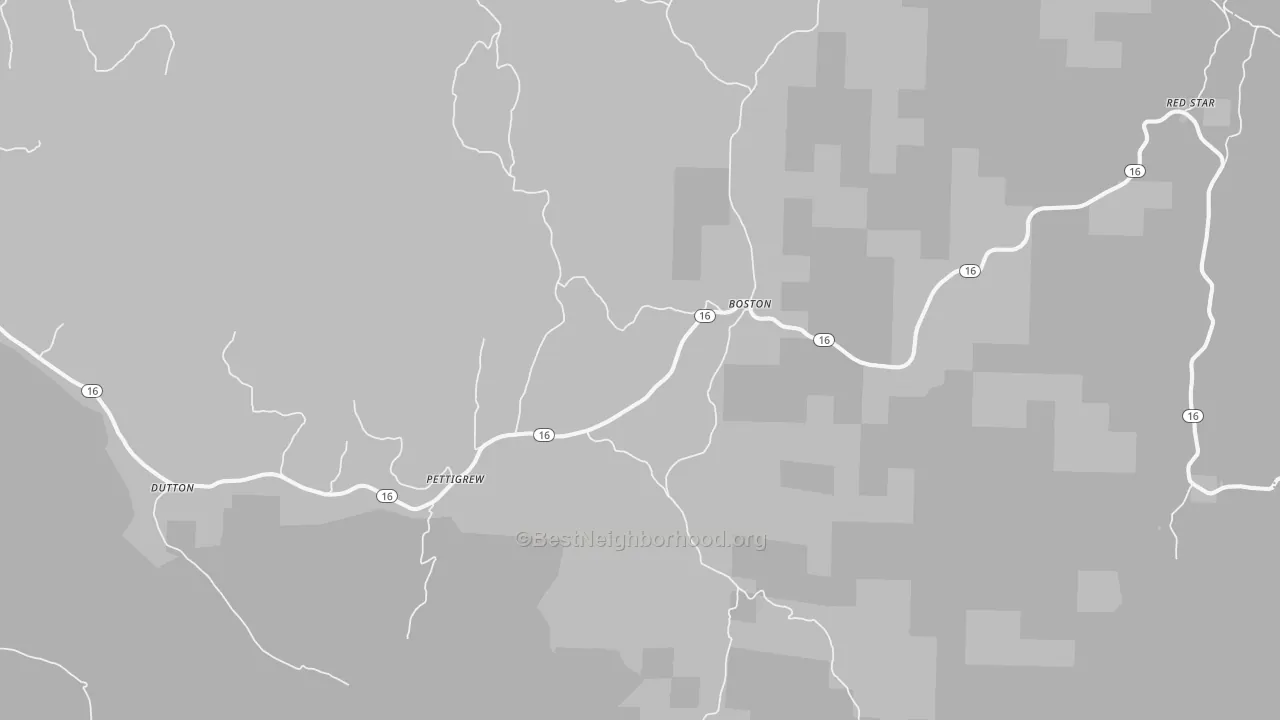 Walk Grade map of Pettigrew, AR, walkable areas in green and car-dependent areas in red
