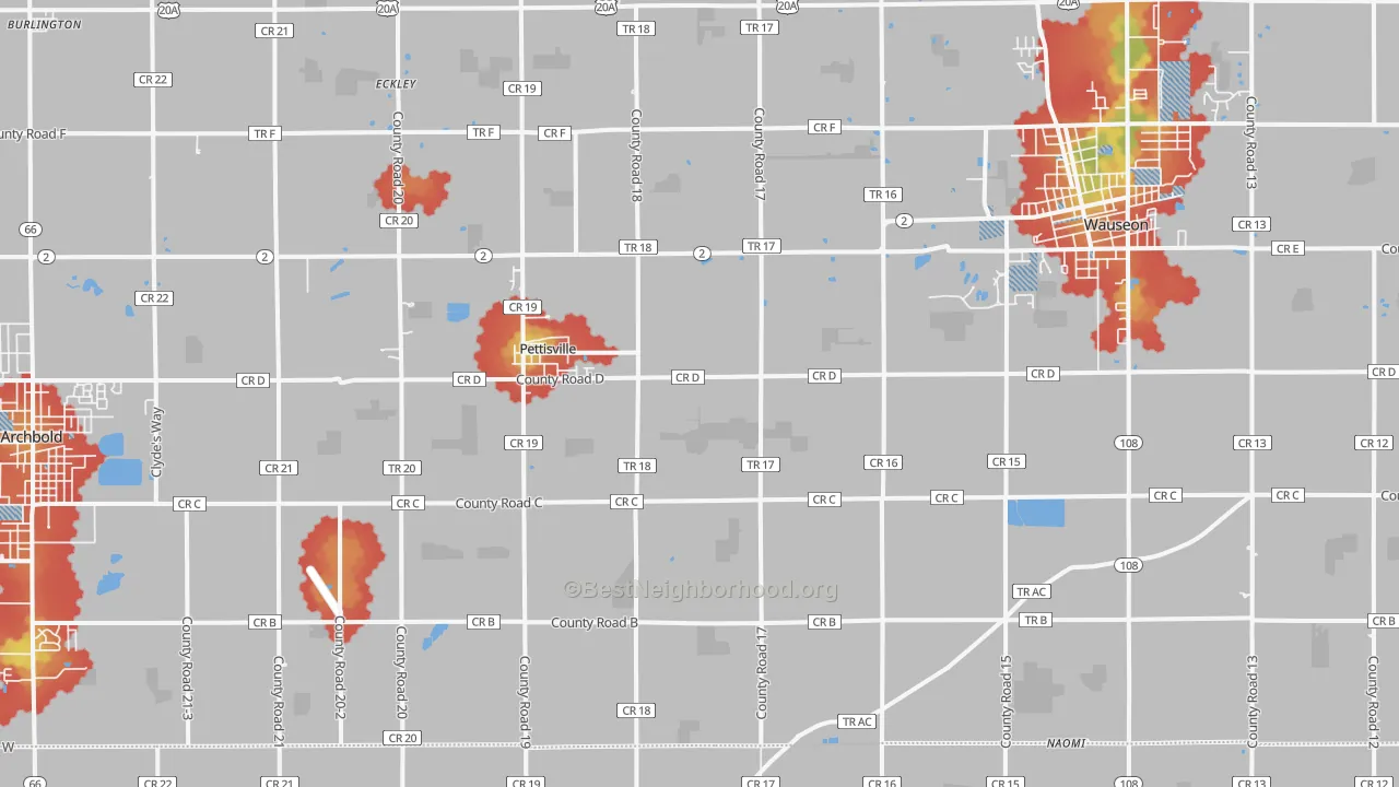 Walk Grade map of Pettisville, OH, walkable areas in green and car-dependent areas in red
