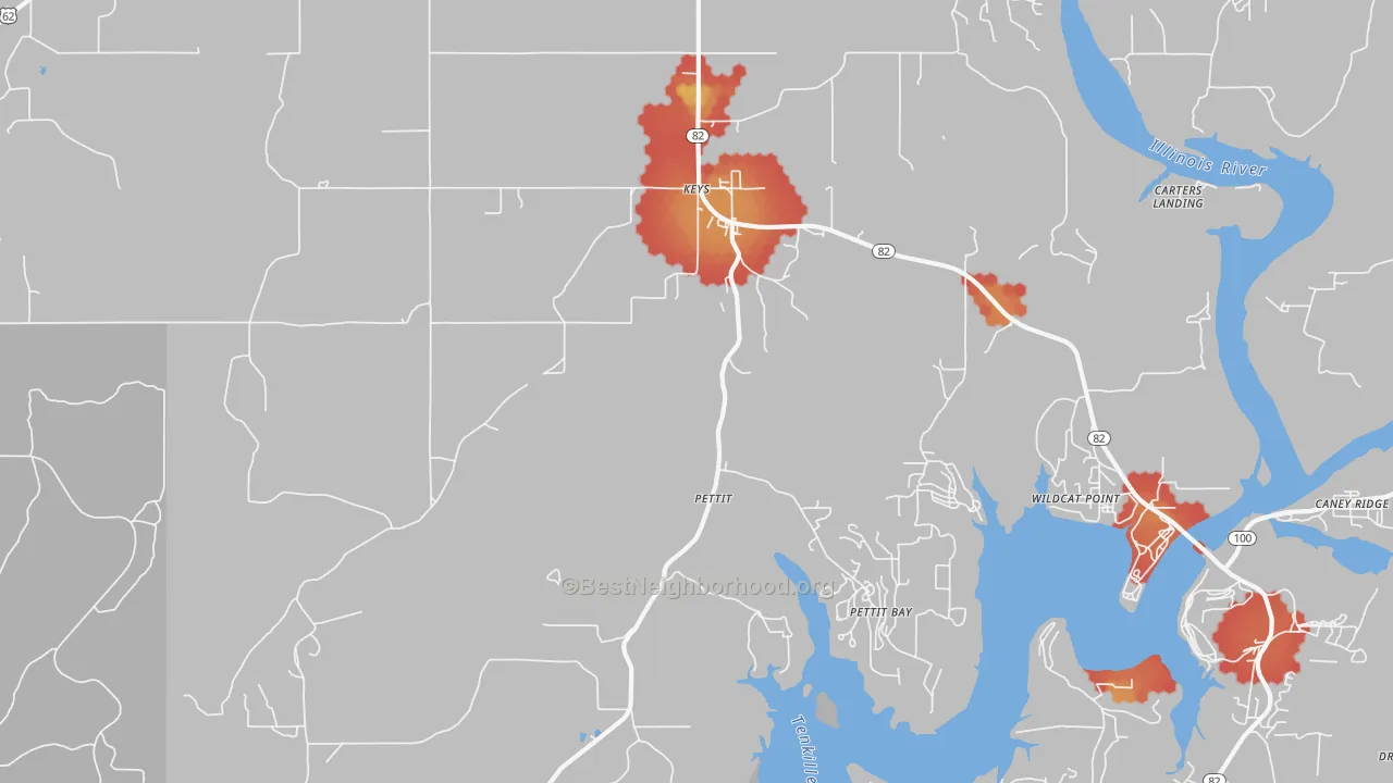 Walk Grade map of Pettit, OK, walkable areas in green and car-dependent areas in red