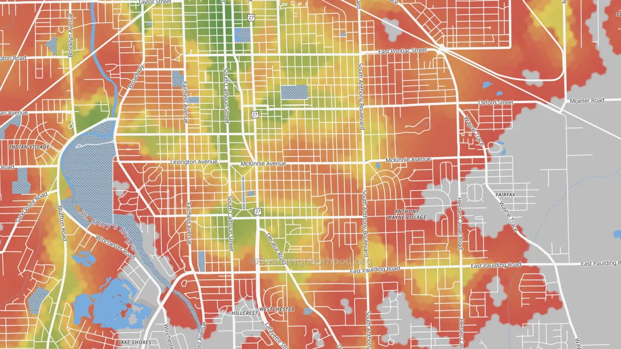 Walk Grade map of Pettit-Rudisill, Fort Wayne, IN, walkable areas in green and car-dependent areas in red