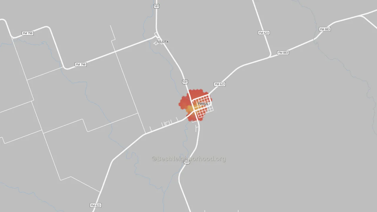 Walk Grade map of Pettus, TX, walkable areas in green and car-dependent areas in red