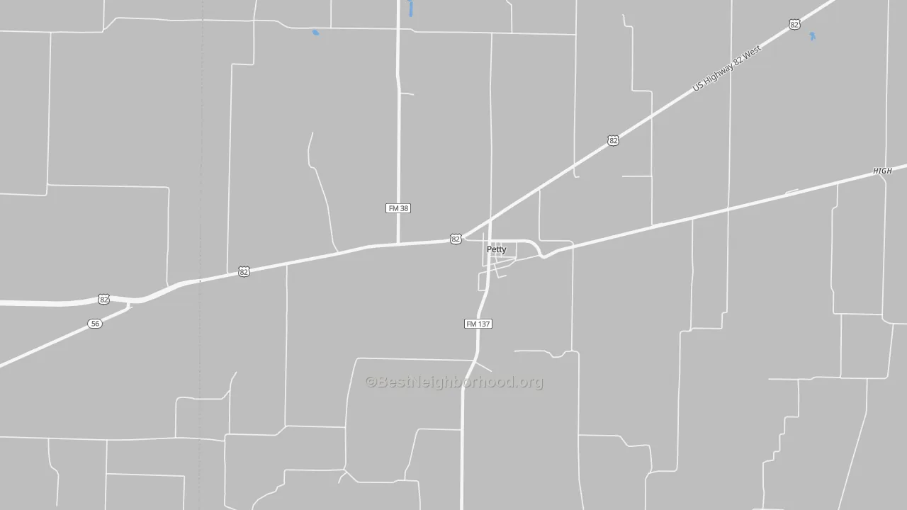 Walk Grade map of Petty, TX, walkable areas in green and car-dependent areas in red