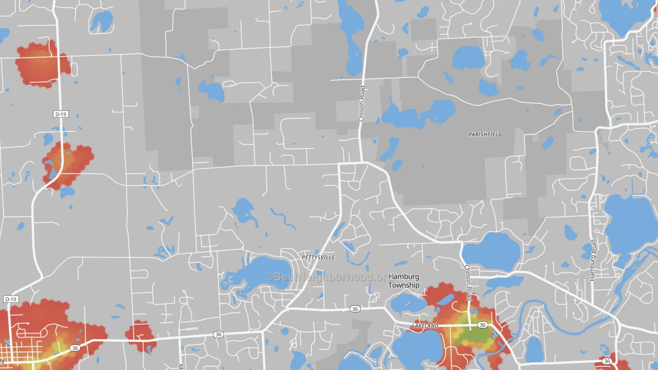 Walk Grade map of Pettysville, MI, walkable areas in green and car-dependent areas in red