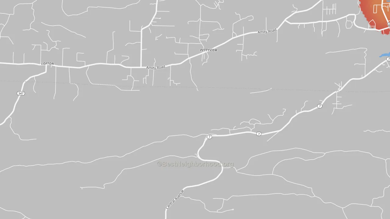 Walk Grade map of Pettyview, AR, walkable areas in green and car-dependent areas in red