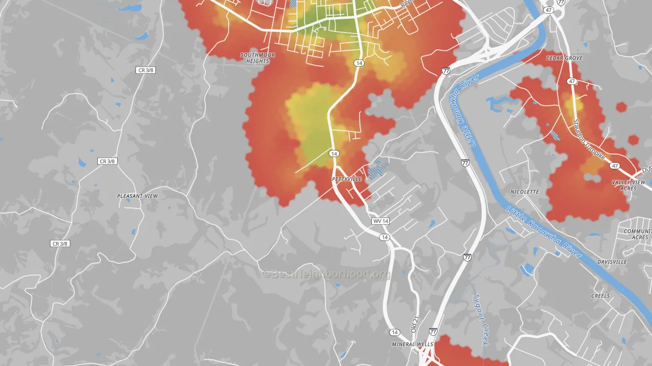 Walk Grade map of Pettyville, WV, walkable areas in green and car-dependent areas in red