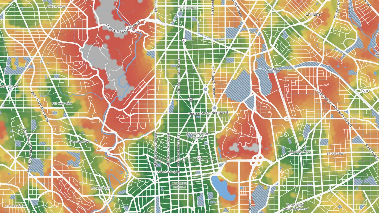 Walk Grade map of Petworth, Washington, DC, walkable areas in green and car-dependent areas in red