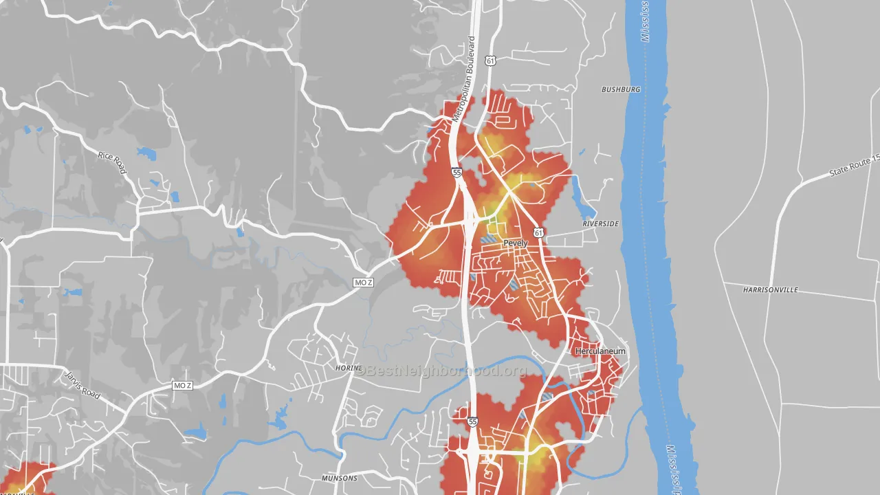 Walk Grade map of Pevely, MO, walkable areas in green and car-dependent areas in red