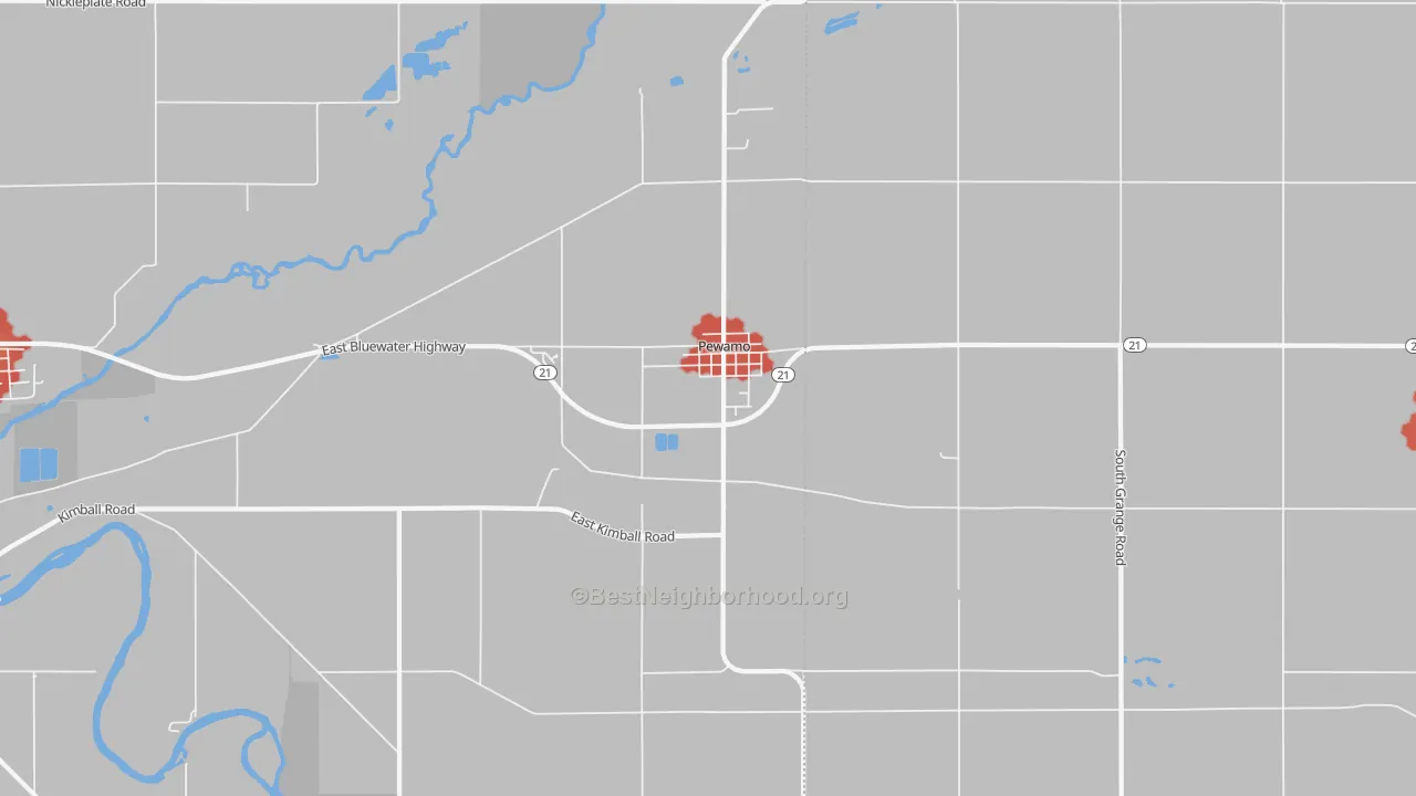 Walk Grade map of Pewamo, MI, walkable areas in green and car-dependent areas in red
