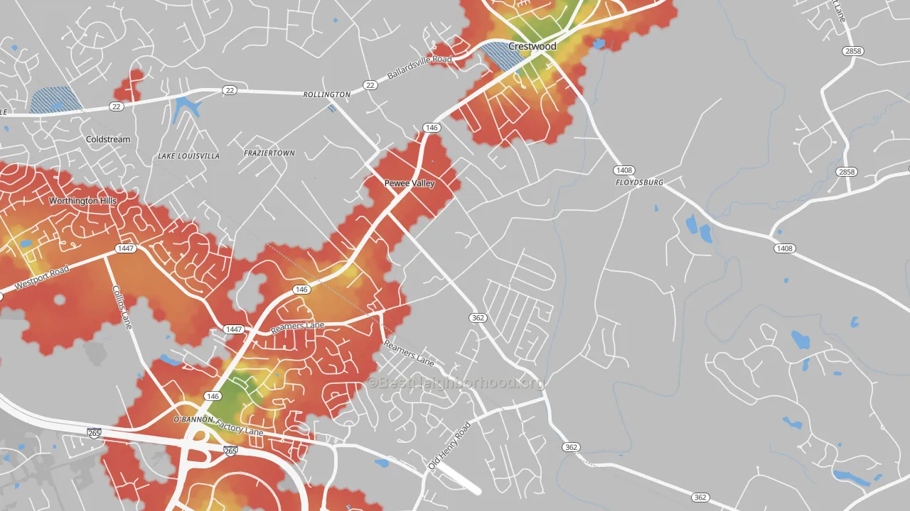 Walk Grade map of Pewee Valley, KY, walkable areas in green and car-dependent areas in red