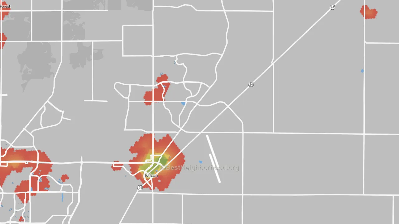 Walk Grade map of Peyton, CO, walkable areas in green and car-dependent areas in red